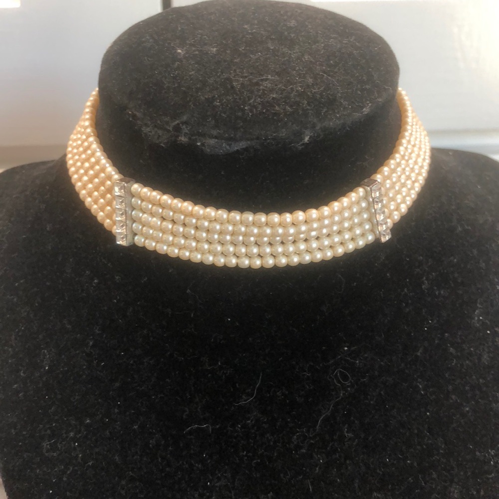 Pearl Multi-Row Choker Necklace in Ivory with Rhinestone Accents